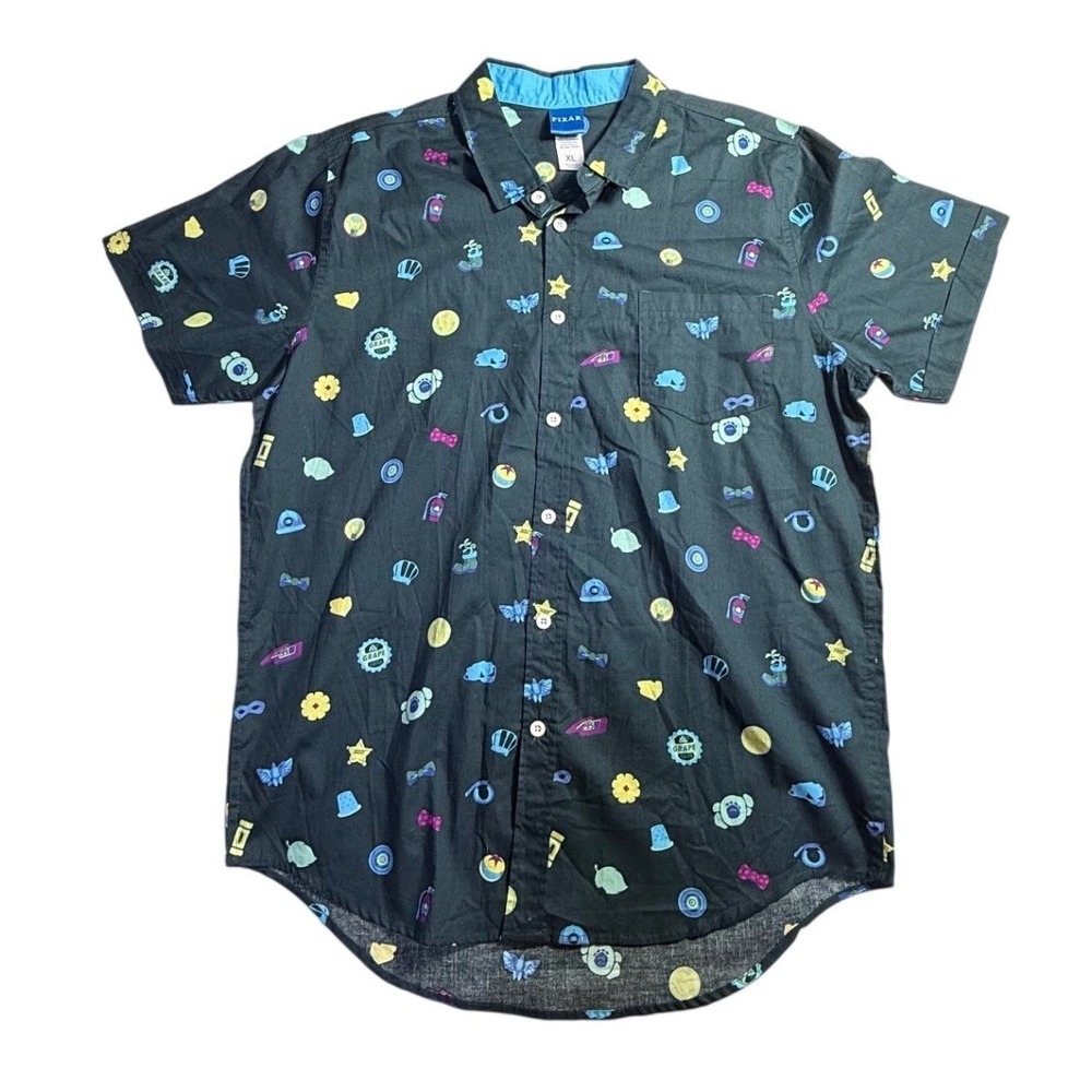 Pixar Mens XL Short Sleeve Button Down Shirt All Over Print Up Toy Story Black